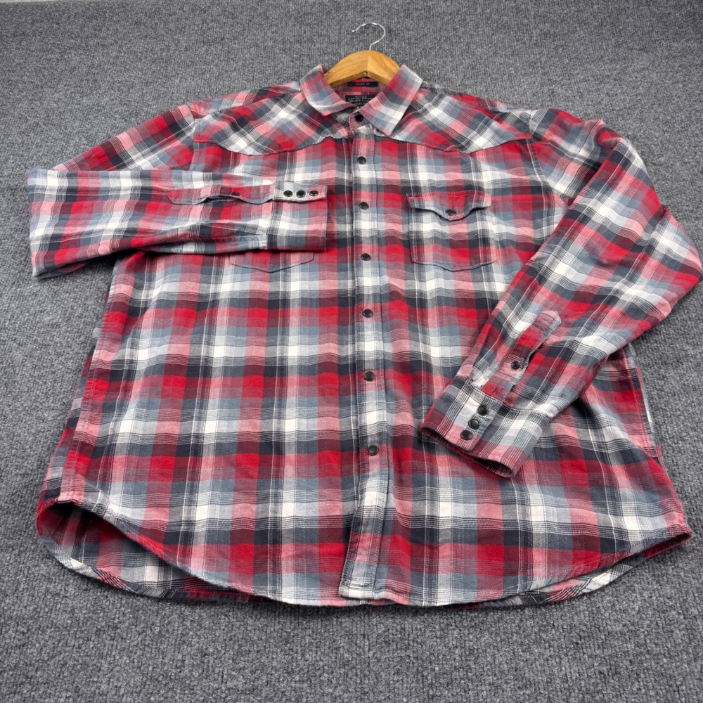 Lucky Brand Western Shirt Mens XL Red Plaid Black Label 7M41384 Excellent Snap